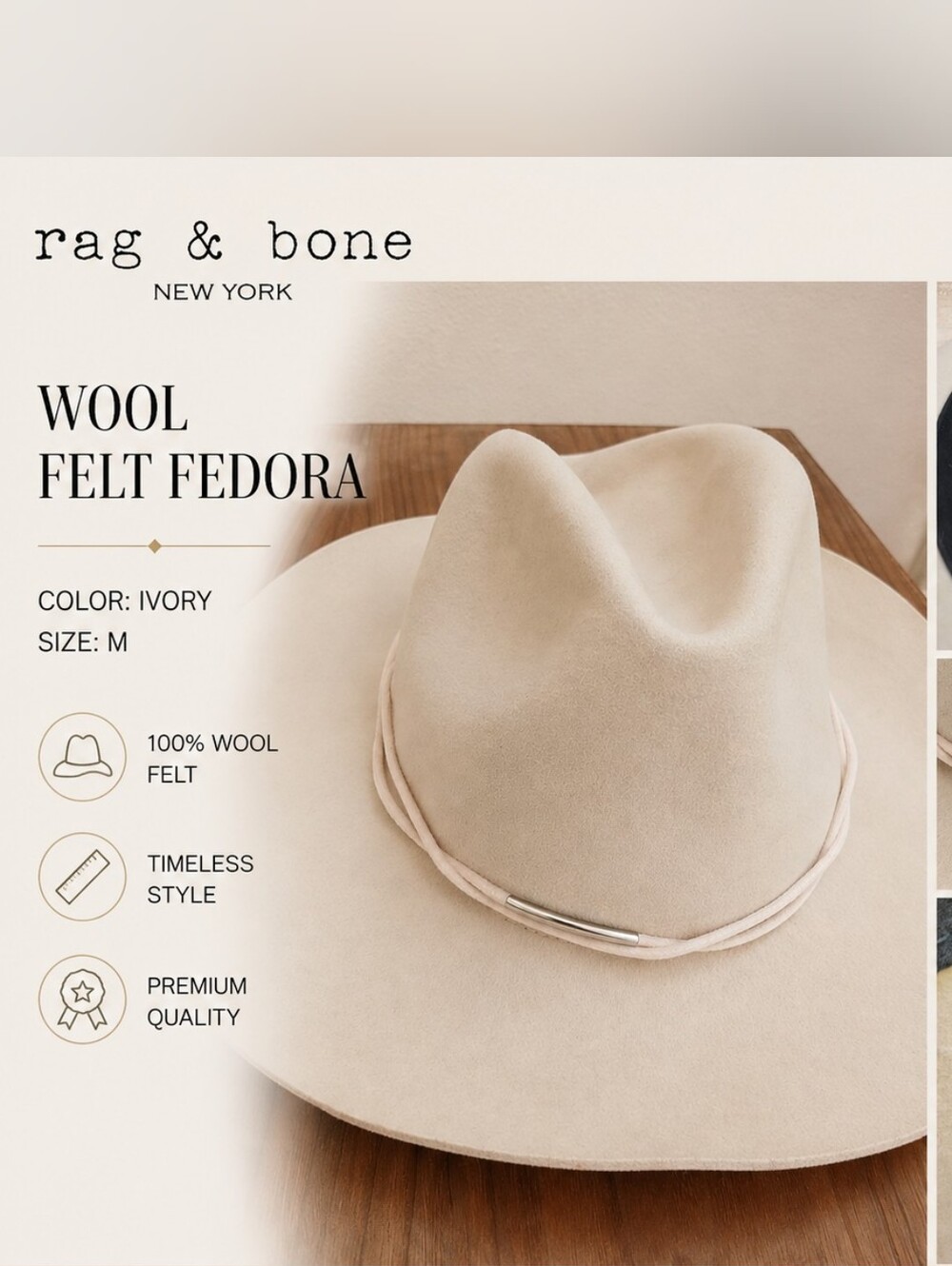 Rag & Bone Ivory 100% Wool Felt Fedora Hat Size M